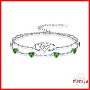 Sterling Silver Infinity Heart Birthstone Charm Bracelet Adjustable Anniversary